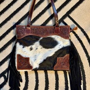 American Darling Cowhide Tooled  Leather Fringe Shoulder Bag